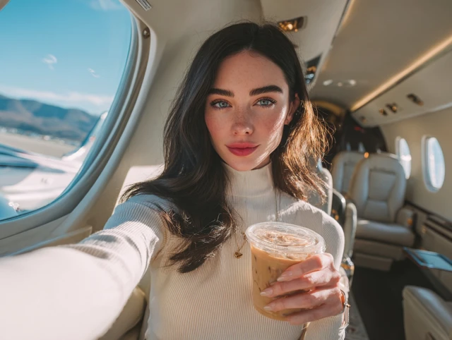 Female Model Selfie Ice Coffee Private Jet
