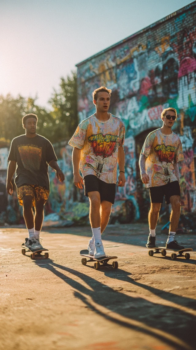 Skateboarding Scene with Graffiti and Harsh Sunlight