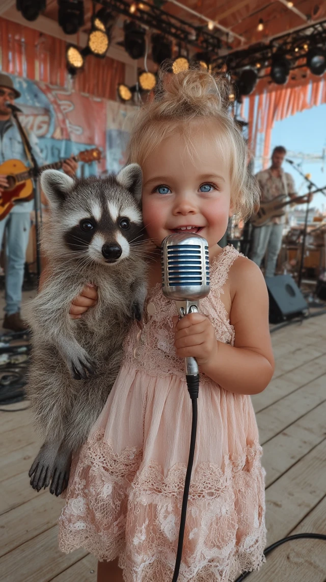 Baby Girl Singing With Raccoon On Stage