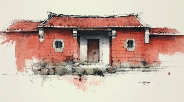 Southern Taiwanese Courtyard House Ink Wash Painting