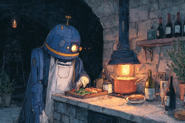 Steampunk Kitchen R2D2 Chef Dark Illustration