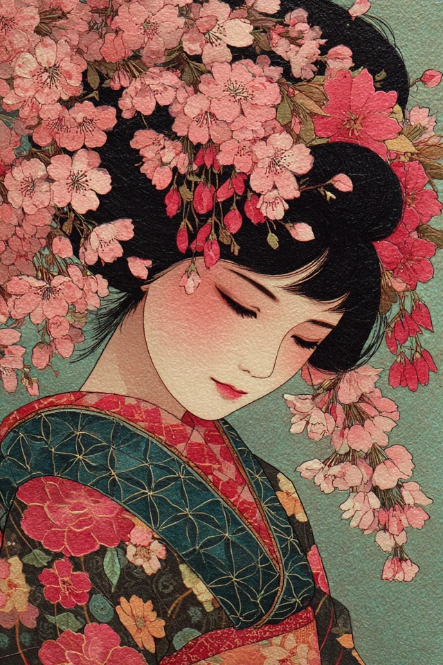 Geisha Under Cherry Blossoms Ukiyo e Style