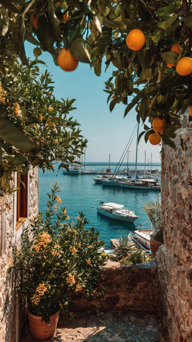 Krios Greece Coastal View Oranges Ships Summer Vibes