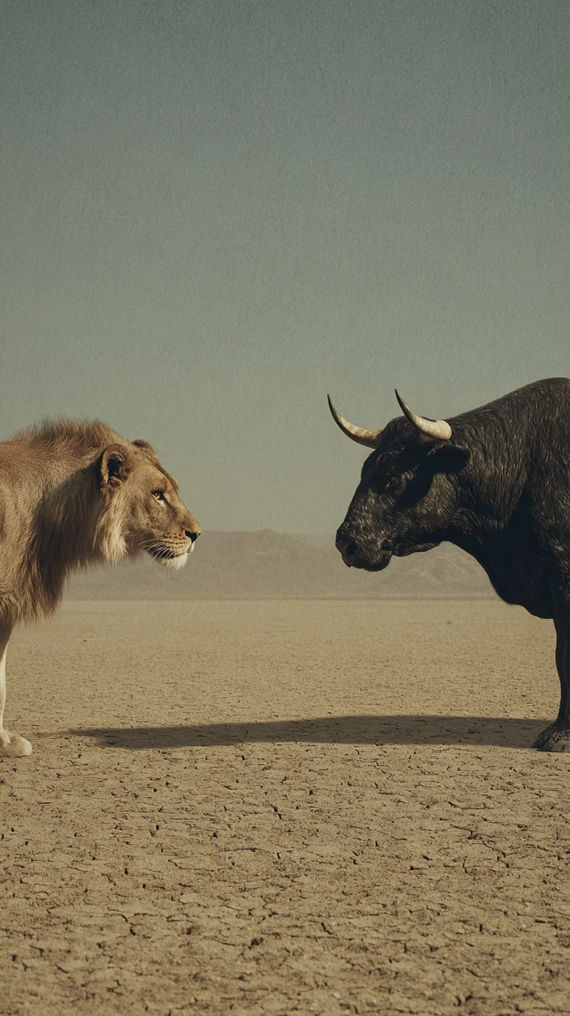Lion and Bull Face Off in Desert Landscape
