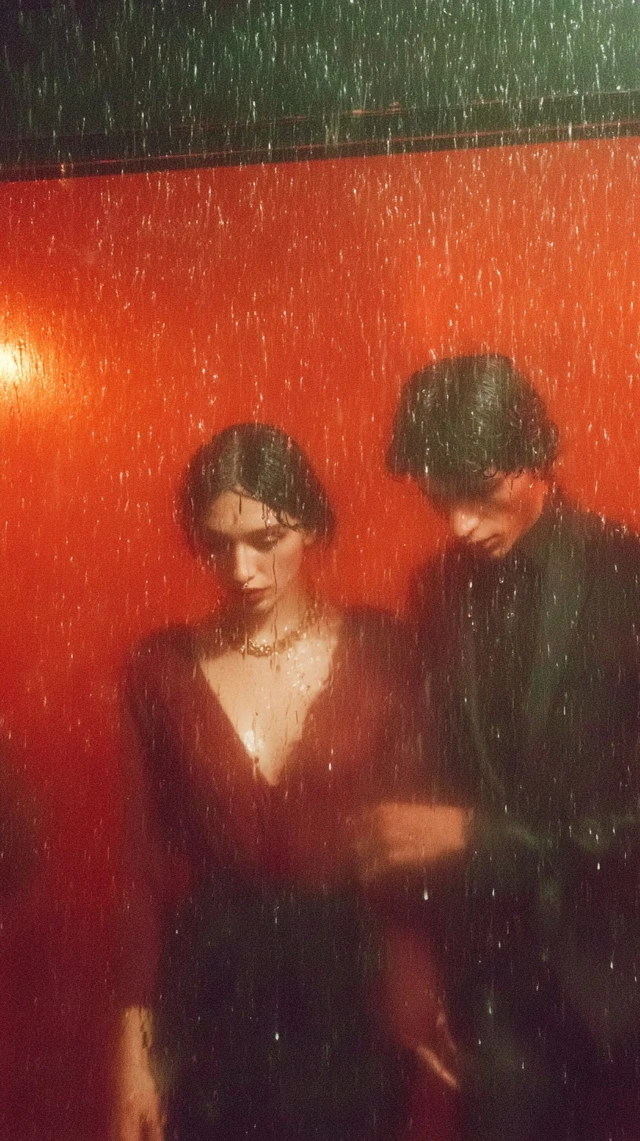 Couple in Rain Romantic Moment Dramatic Lighting