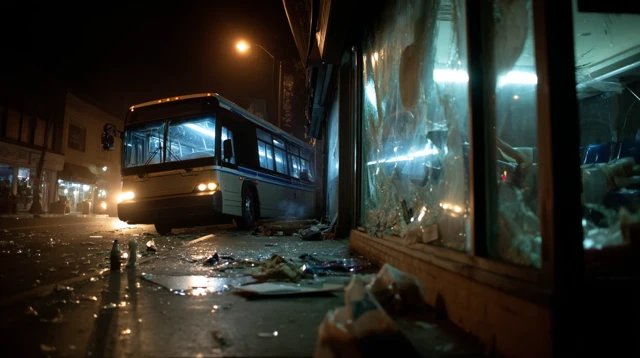Nighttime Bus Crash Scene City Street Disaster