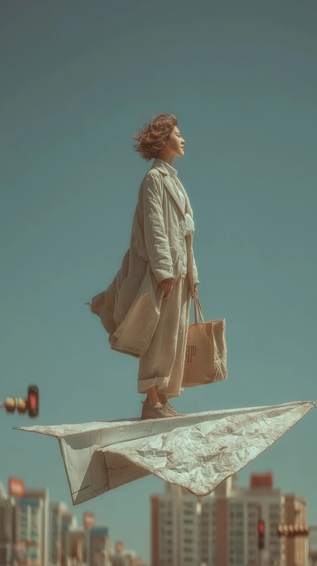 Woman on Paper Airplane Above City