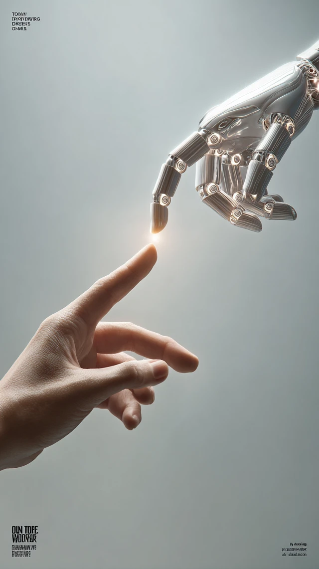 Human and Robot Hands Touching Futuristic Concept