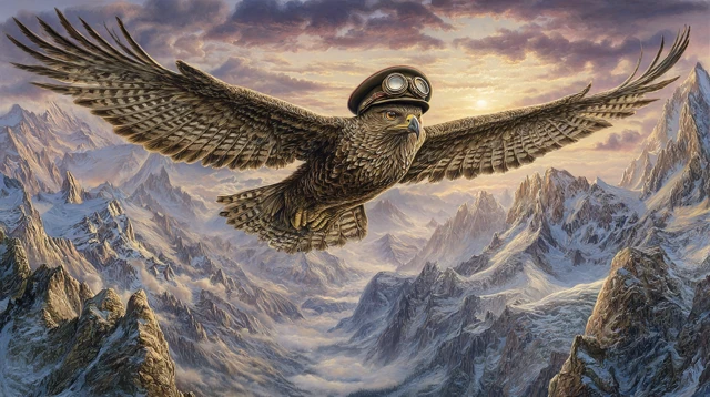 Eagle Pilot Soaring Above Mountains at Sunrise