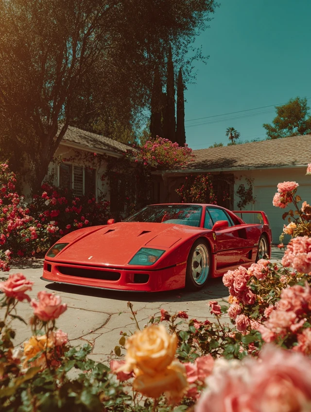 Ferrari F40 in Garden Roses Blue Sky Photography