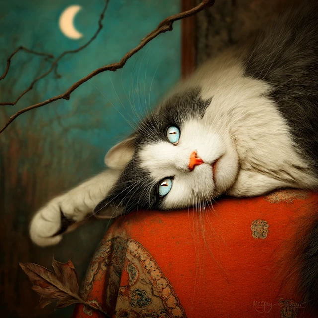 Good Night from a Cute Cat Painting