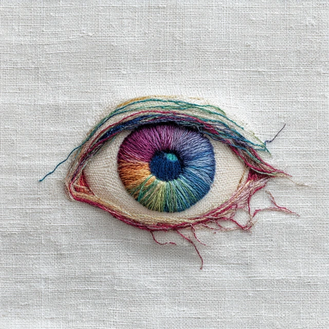 Embroidered Eyeball Colorful Thread Art on Linen