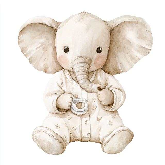 Watercolor Baby Elephant in Pajamas with Pacifier