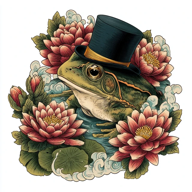 Frog in Top Hat with Water Lilies Tattoo Art