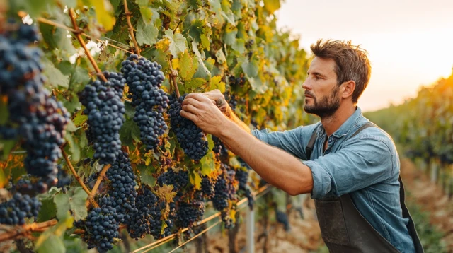 Man Harvesting Grapes in Vineyard at Sunset