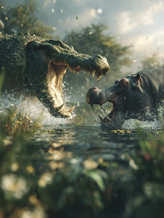 Crocodile vs Hippo Battle River Bank