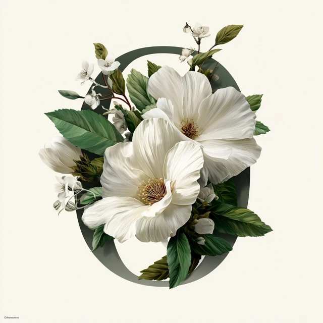 White Flower Illustration with Letter O Elegant Design