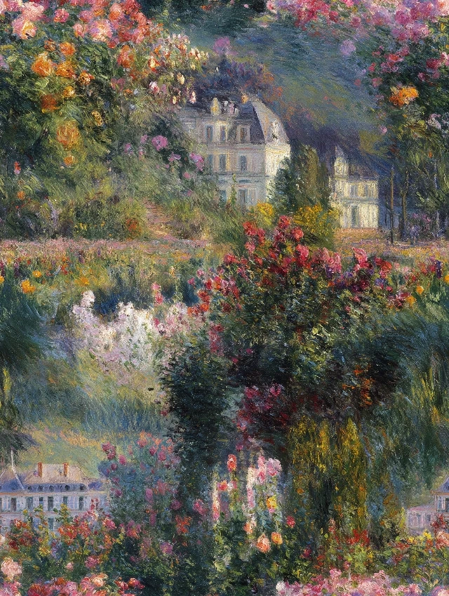 Autumn Sunset Impressionist Painting of Castle and Flowers