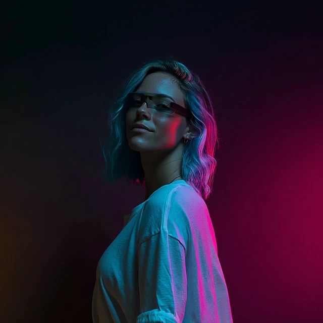 Confident Woman with Blue Hair and AR Glasses Portrait