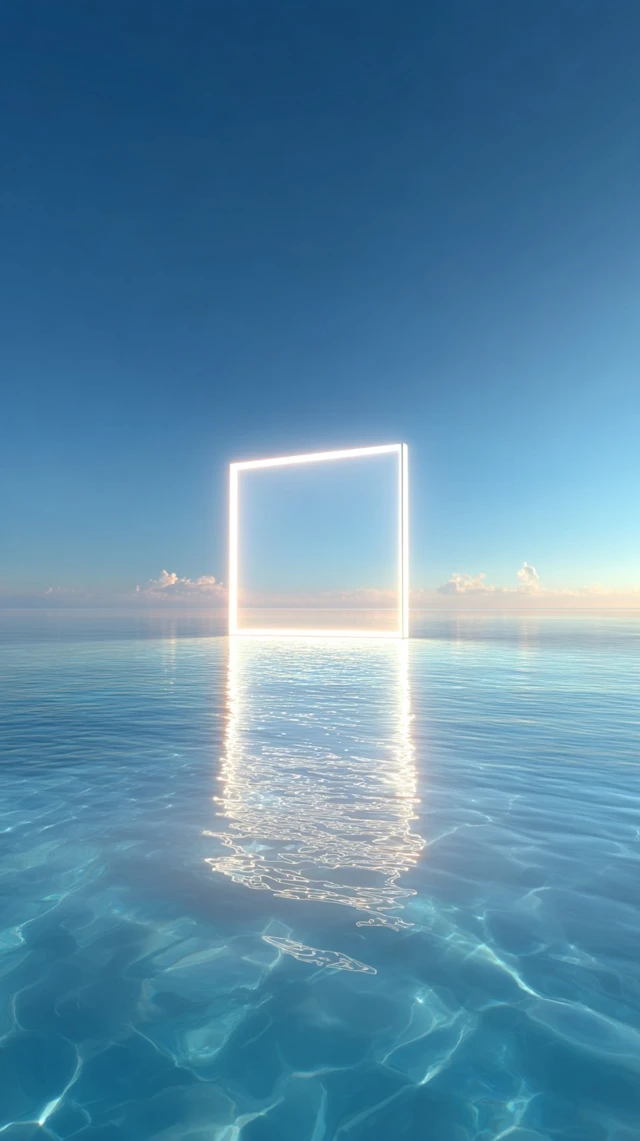 Glowing Neon Square Above Ocean Minimalist Design