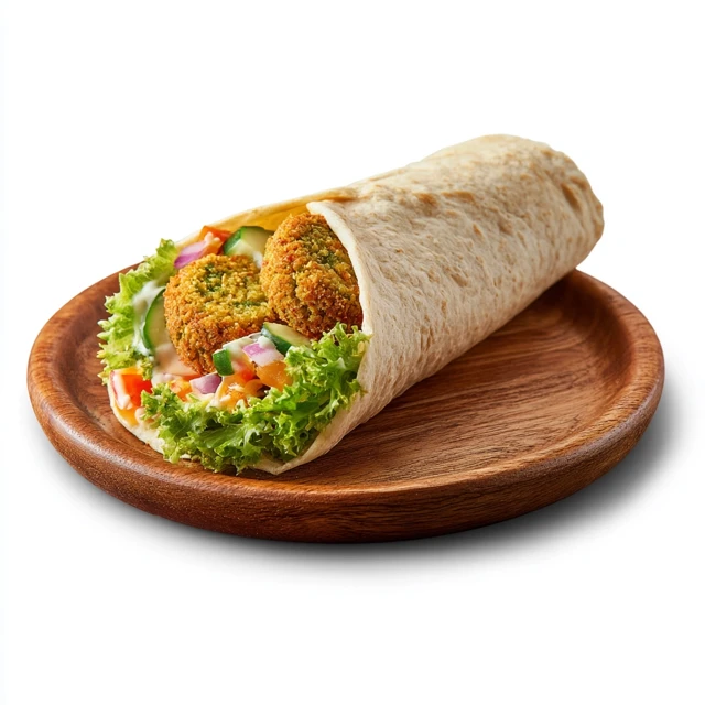 Falafel Wrap on Wooden Plate Delicious Food