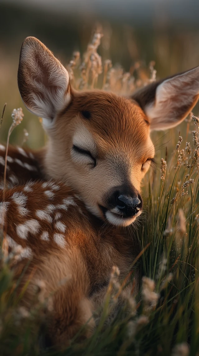 Sleeping Baby Deer in a Lush Meadow Serene Nature Photo