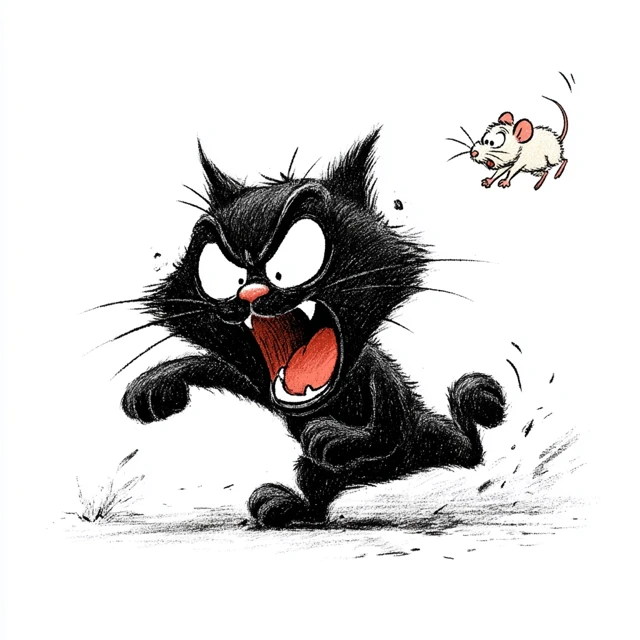Angry Black Cat Kicks Out Rats Cartoon Illustration