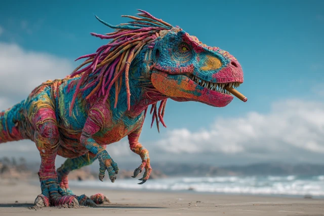 Cool T Rex with Dreadlocks on the Beach