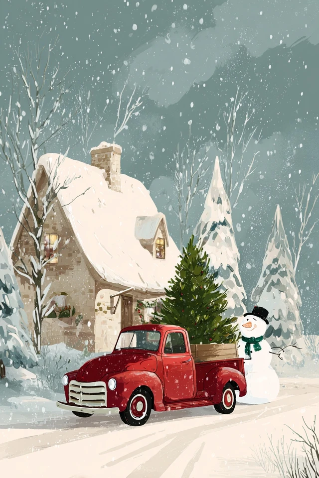 Vintage Red Truck Christmas Scene