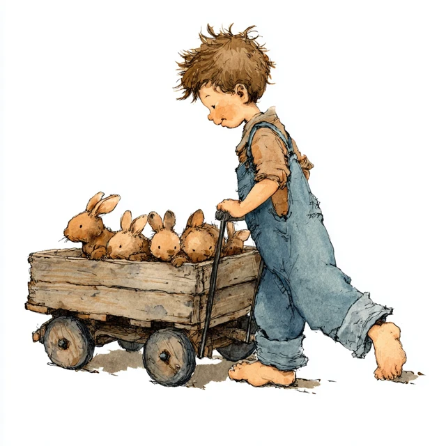 Childs Art Boy Pulling Wagon with Bunnies