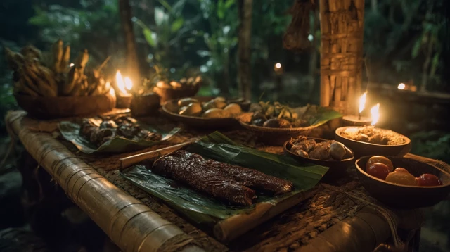 Tribal Feast: Food on Bamboo Table at Night