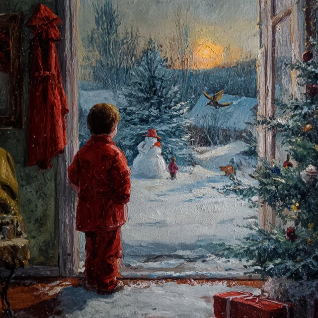 Christmas Scene Child Looking Out Window