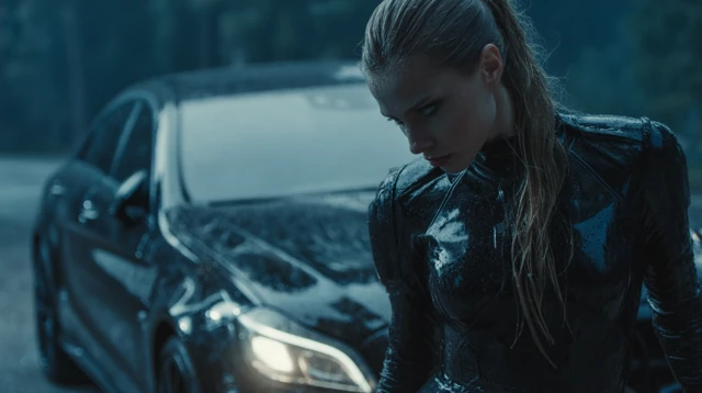 Dark Movie Scene Female in Latex by the Damaged Car
