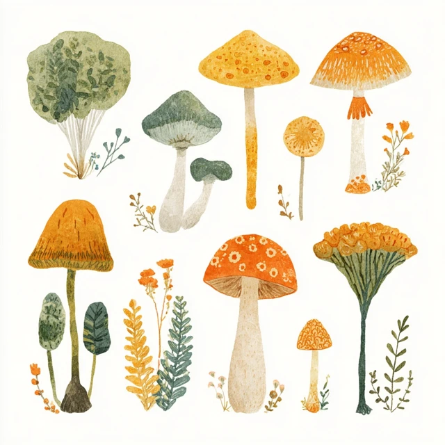 Cozy Farm Mushrooms Watercolor Illustration