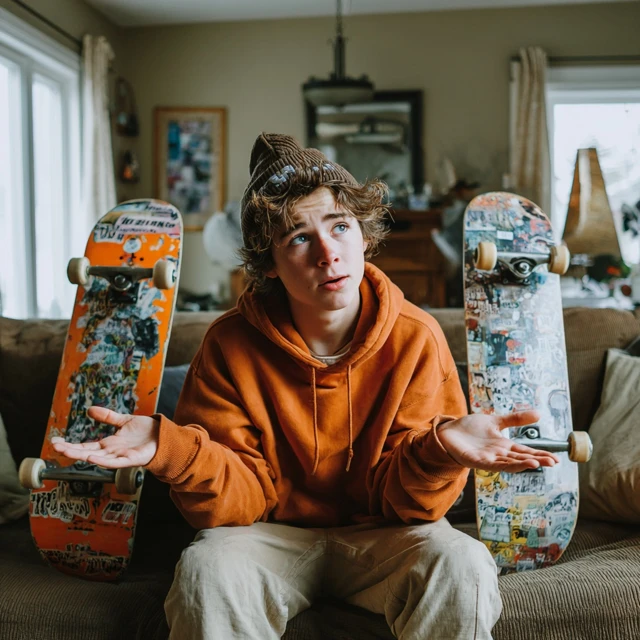 Confused Skater Boy At Home Talking On Phone