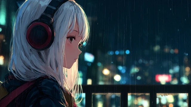Anime Girl with Headphones Night City View