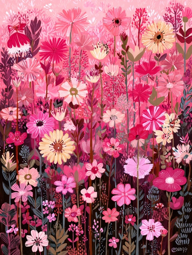City Garden Art Nouveau Painting Pink Flowers Buildings