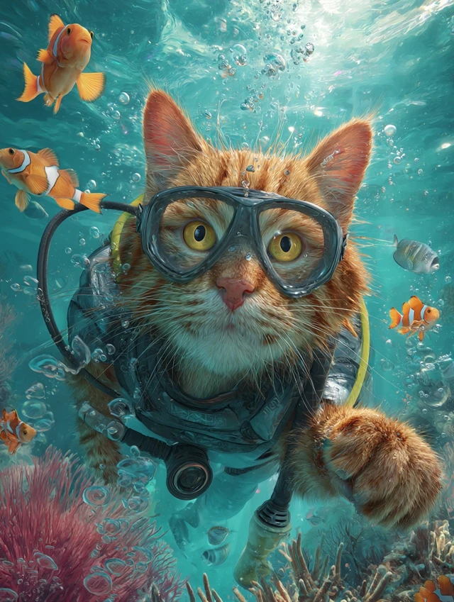 Underwater Cat Selfie with Tropical Fish