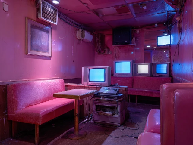 Abandoned Karaoke Bar Interior Retro Pink Tones