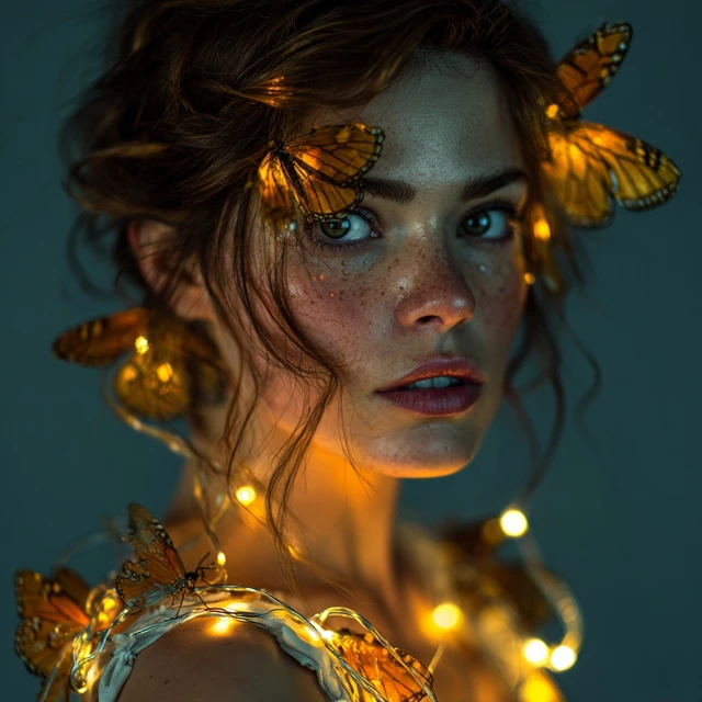 Glowing Butterfly Portrait Beautiful Woman