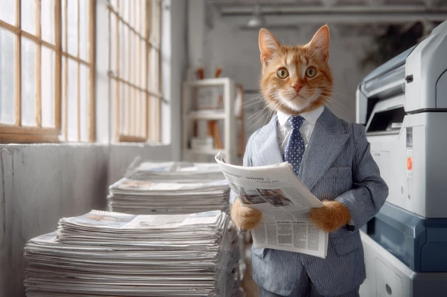 Business Cat Holding Newspaper in Printing Shop