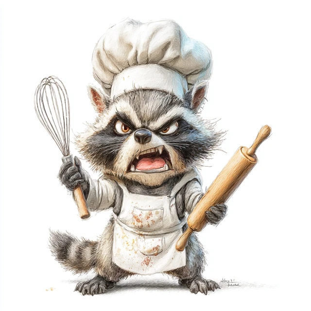 Angry Chef Raccoon Watercolor Illustration