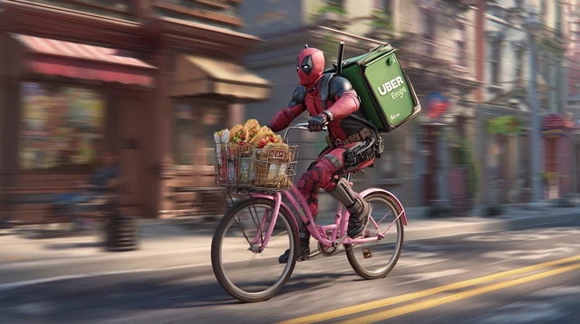 Deadpool Delivers Tacos on a Pink Bike