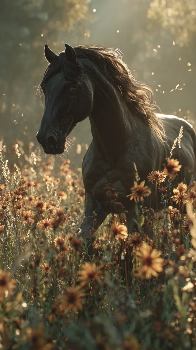 Beautiful Black Horse in a Meadow Golden Hour Light