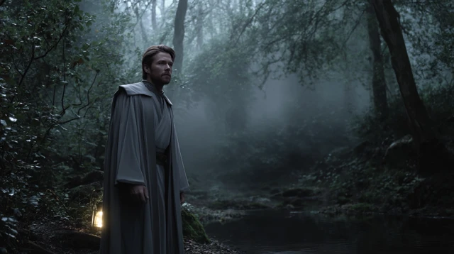 Mysterious Figure in Eerie Forest Cinematic Scene