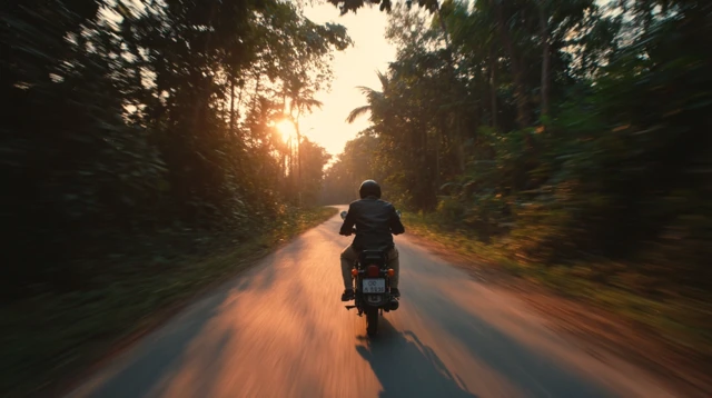 Motorcyclist Rides Into the Sunset Cinematic Shot