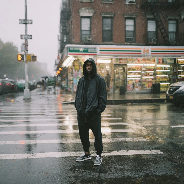Man in Hood Stands in NYC Rain
