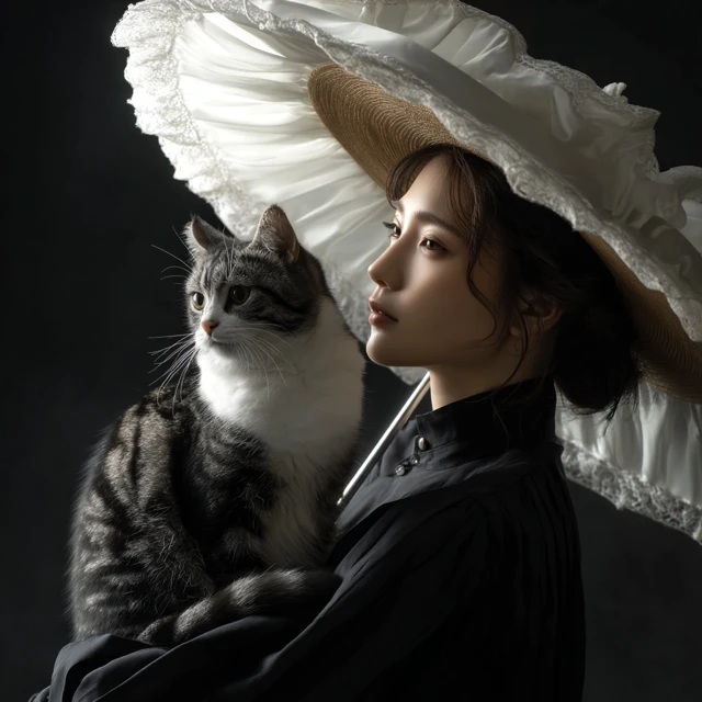 Japanese Woman with Cat Umbrella Photorealistic