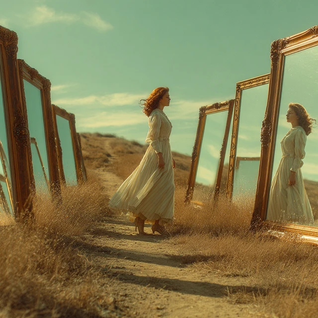 Woman in White Dress Walking Through Mirrors Surreal Scene
