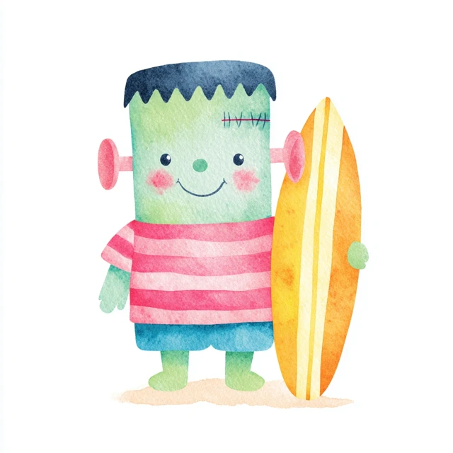 Frankenstein Monster Surfing Watercolor Illustration